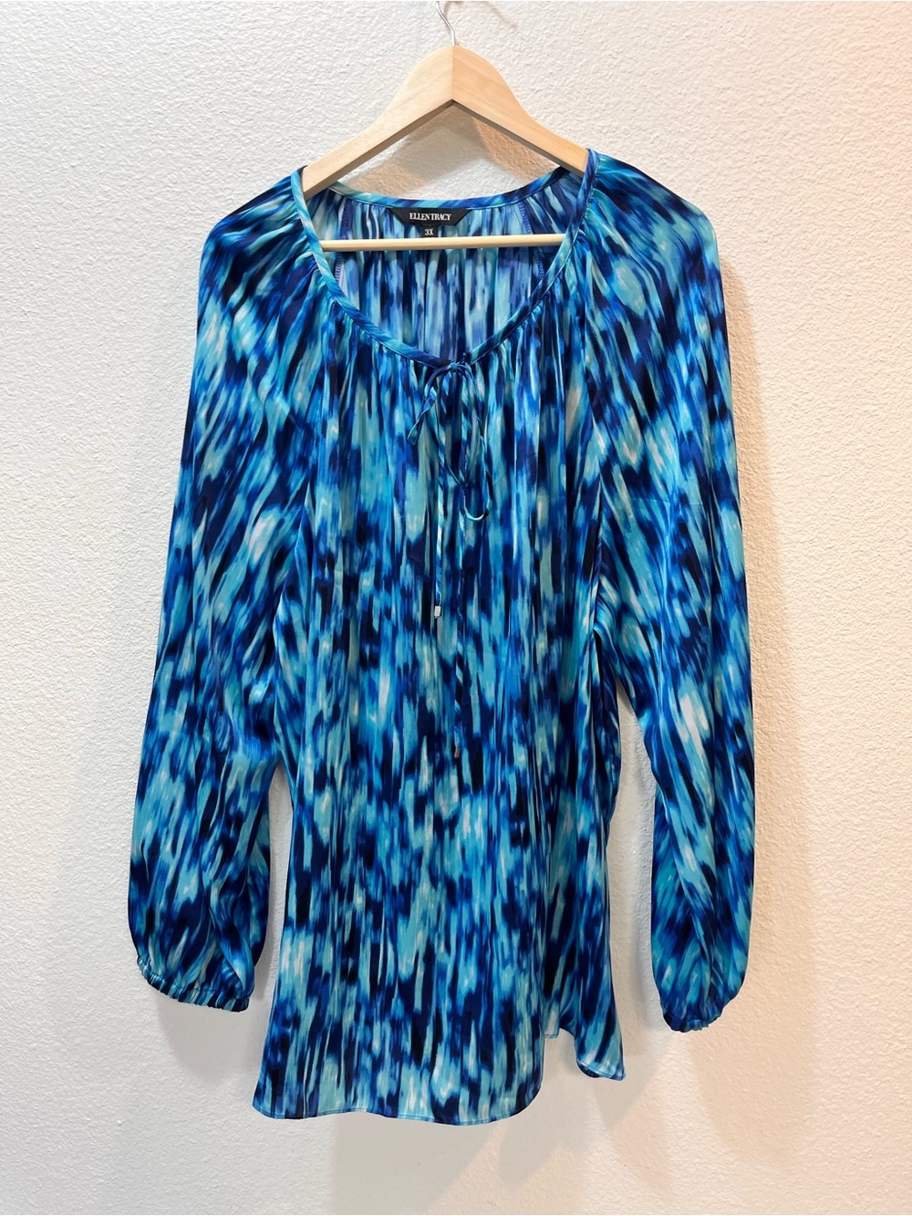 Ellen Tracy Blue Multi-Print Tie-Neck Blouse